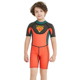Superhero Green & Orange 2.5mm Neoprene Knee Length Kids Swimsuit, Half Sleeves Swimwear