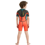 Superhero Green & Orange 2.5mm Neoprene Knee Length Kids Swimsuit, Half Sleeves Swimwear