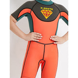 Superhero Green & Orange 2.5mm Neoprene Knee Length Kids Swimsuit, Half Sleeves Swimwear