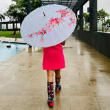 Teal & Pink Floral, Chinese Canopy Style Rain and All season Umbrella