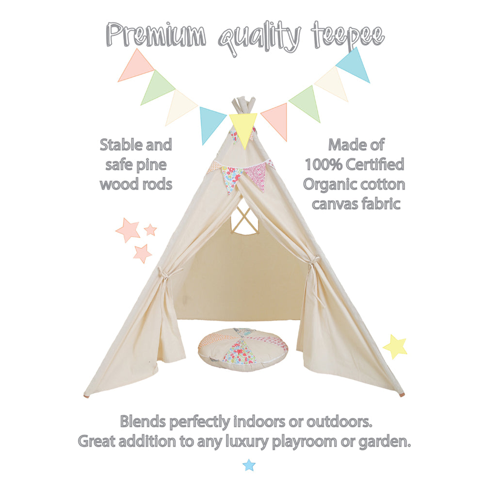 Cream, Pretend Play Tee Pee with Matching Bunting and Cushion
