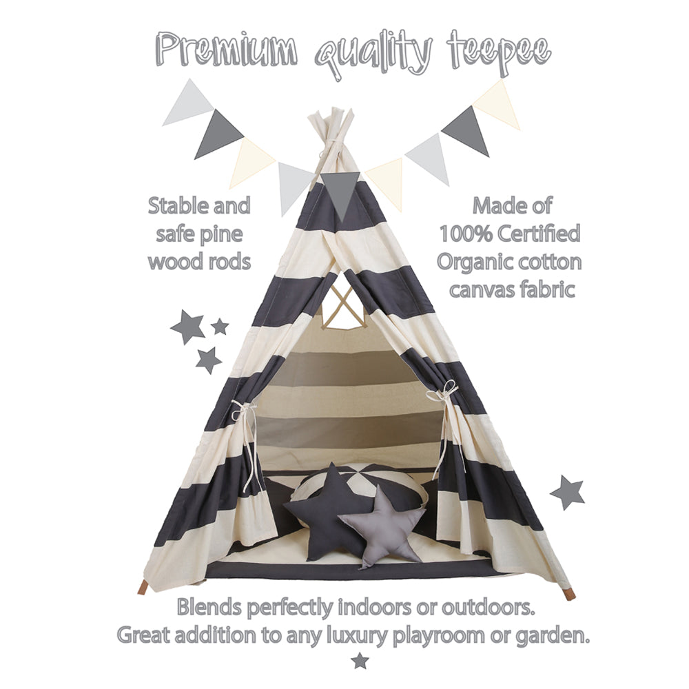 Grey Striped Tee Pee Tent with Mat and Cushions - Main Image