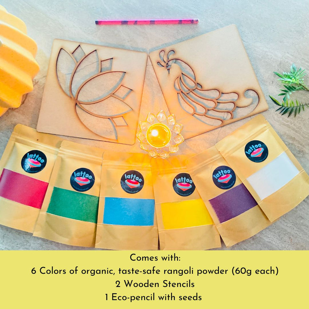 Timeless Rangoli Kit -With Peacock and Lotus Stencils