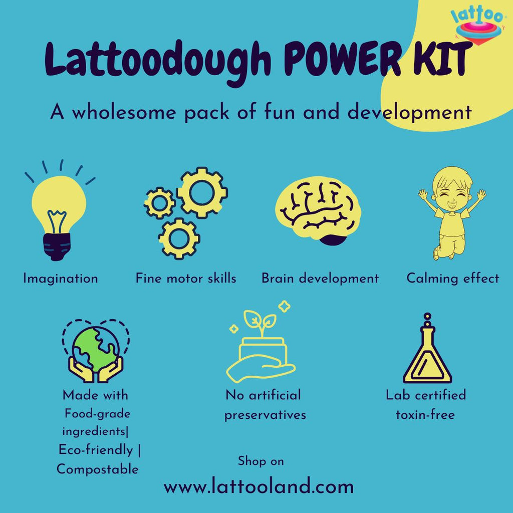 Lattoo Dough Power Kit - 8 colors of Taste-safe Dough (Clay) + 7 Premium Tools + 3 Double-sided Playmats