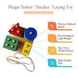 Wooden Shape Sorter - Montessori Colour Recognition Stacker - Lacing Toy