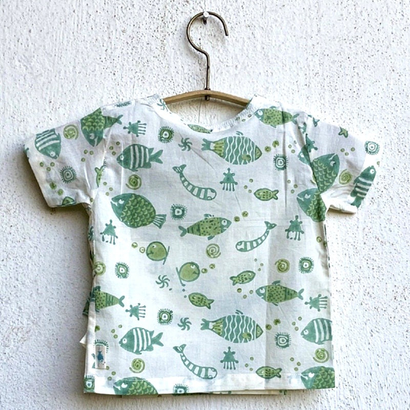 Unisex Organic Fish Print Angarakha Top + Mint Pants