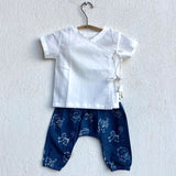 Unisex Organic White Angrakha Top+zoo Print Indigo Pants