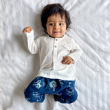 Unisex Organic White Kurta + Zoo Print Indigo Pants